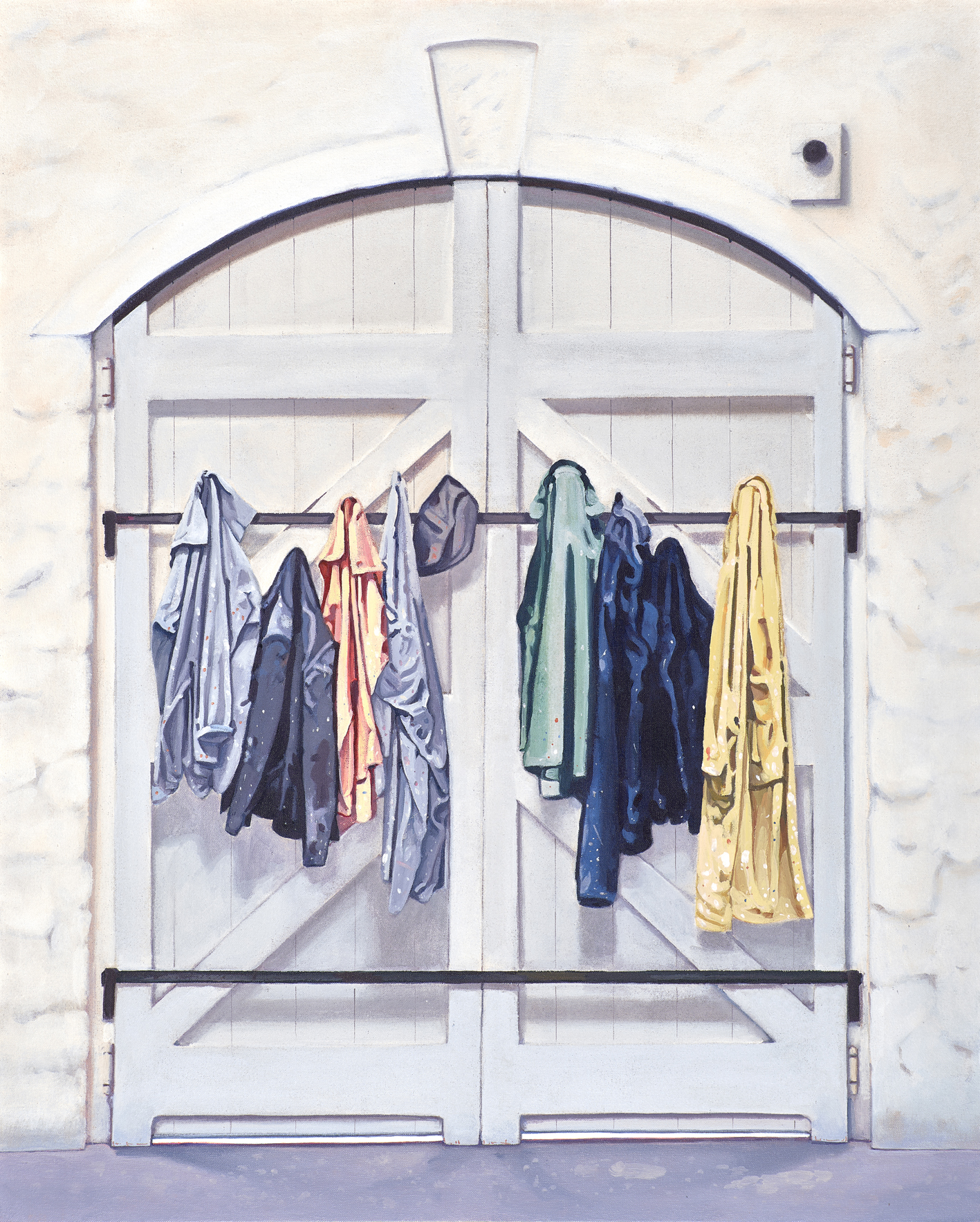 06.Barbara Hepworth, puerta del taller con ropa de trabajo, 2021. Acrílico/tela. 100 x 81 cm.