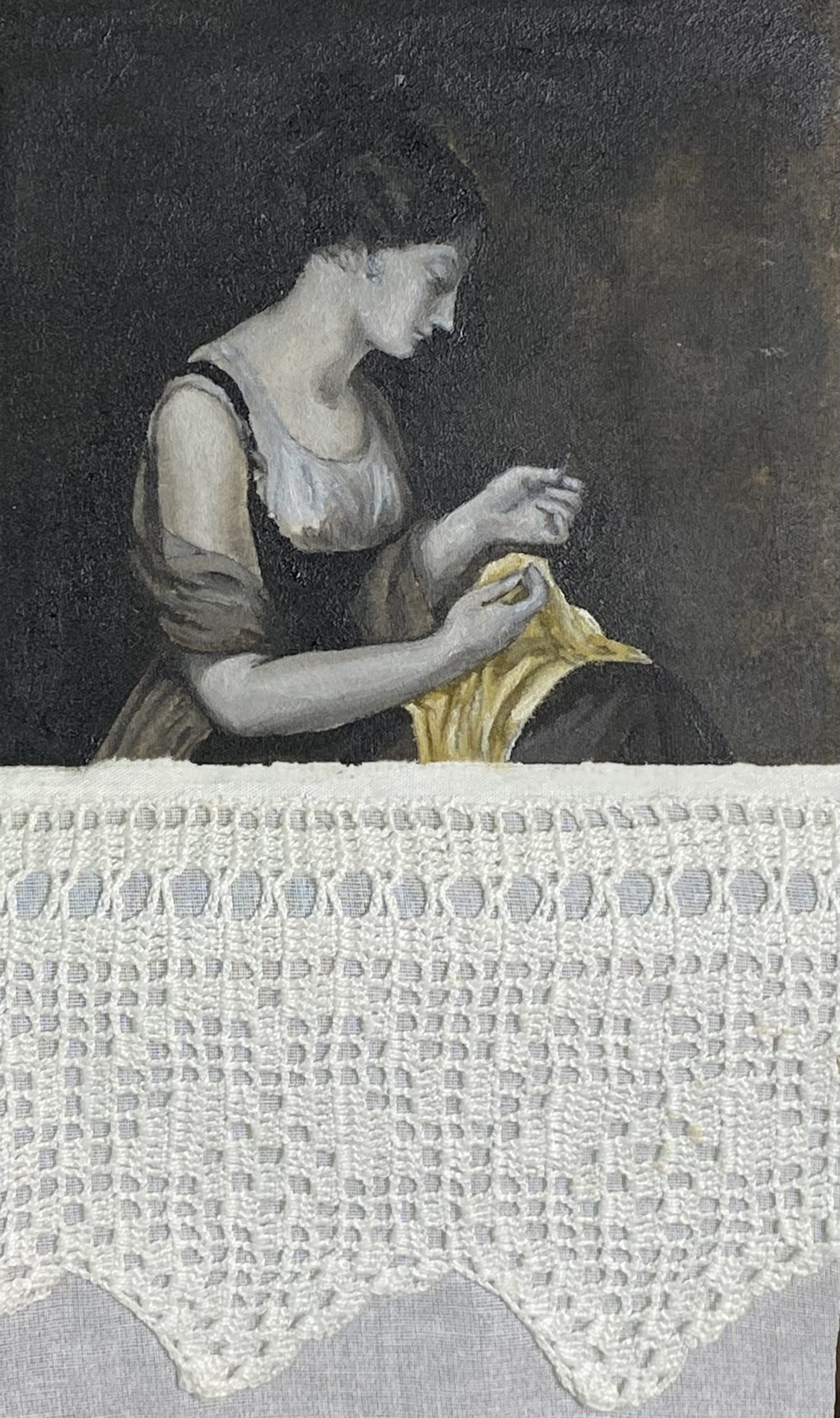 Isabel Gil. “Femme cousant” - Autor original: Anónimo (Museo del Louvre). Óleo en puntillas de ganchillo realizadas por Mónica Calderón - Donación de Esther Gutiérrez Sánchez.